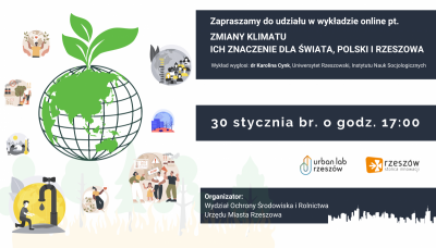 Grafika ilustrująca wykład online pn. "Zmiany klimatu - ich znaczenie dla świata, Polski i Rzeszowa "